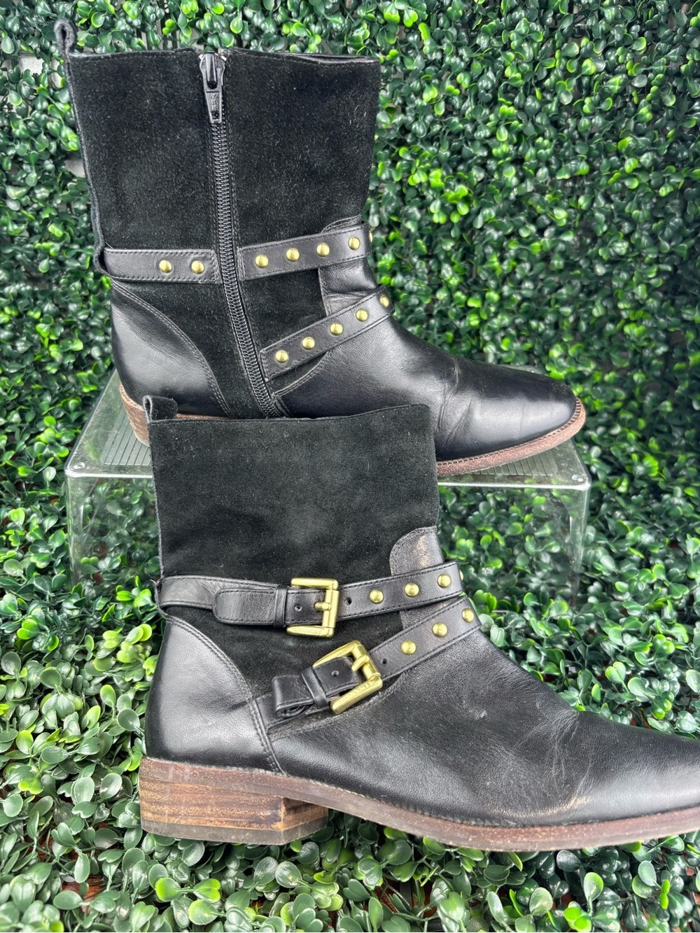 COACH LILIANA LEATHER AND SUEDE WITH GOLD STUD Ankle Boots in Black SIZE 7 Woman - Picture 7 of 10